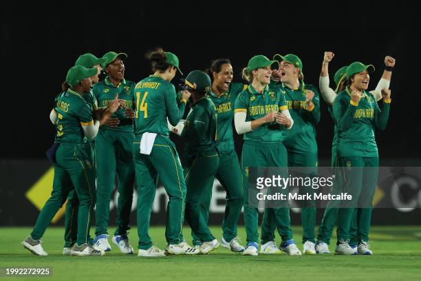 South Africa celebrate victory during game two of the Women's One Day International series between Australia and South Africa at North Sydney Oval on...