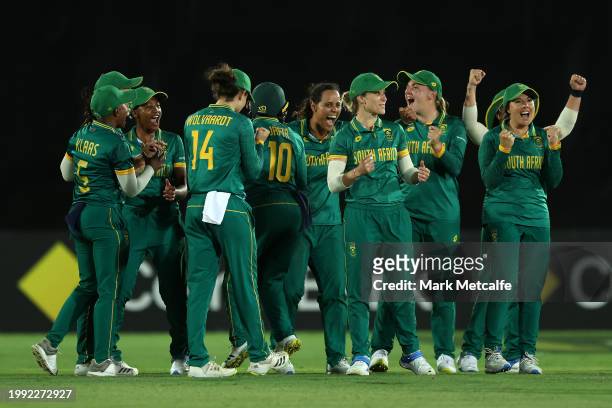 South Africa celebrate victory during game two of the Women's One Day International series between Australia and South Africa at North Sydney Oval on...