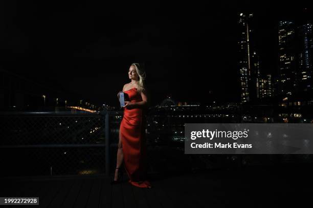 Carys Dallinger, winner of the Rookie of the Year award poses for a photo during the 2023 Rugby Australia Awards at Doltone House on February 07,...