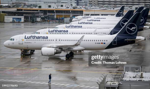 Lufthansa aircraft parked at Frankfurt Airport during a one-day nationwide strike on February 07, 2024 in Frankfurt, Germany. The strike, led by the...
