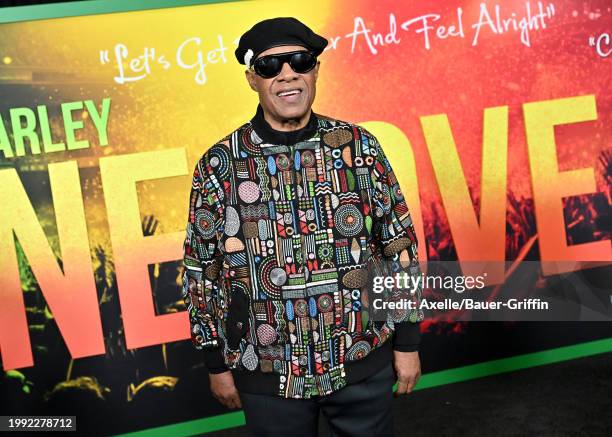 Stevie Wonder attends the Los Angeles Premiere of Paramount Pictures "Bob Marley: One Love" at Regency Village Theatre on February 06, 2024 in Los...