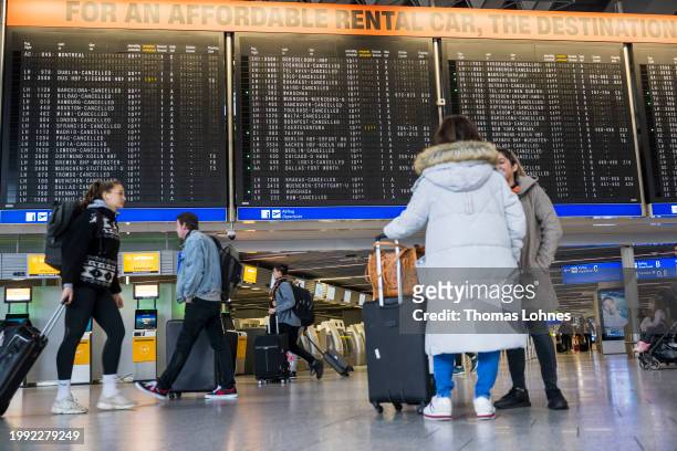 The display board for departures at Frankfurt Airport shows the canceled Lufthansa flights during a one-day nationwide strike on February 07, 2024 in...