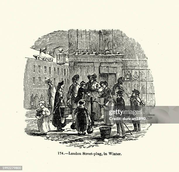 history of water supply and sanitation, people collecting water from a street plug or standpipe, 19th century london - 665409969 or 665409803 stock illustrations