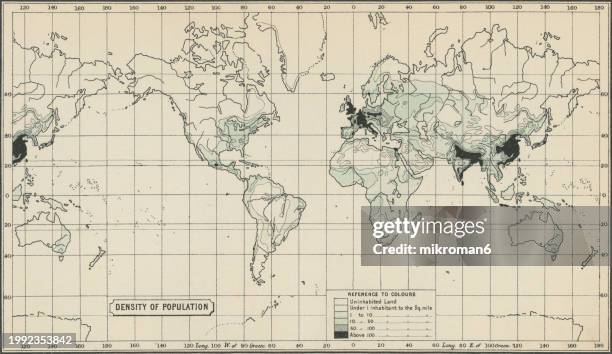old chromolithograph map of population density of the earth (world) - world map stock pictures, royalty-free photos & images