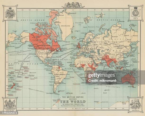 old chromolithograph map of the british empire through the world - imperio británico fotografías e imágenes de stock
