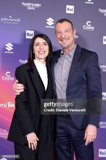 Giorgia and Amadeus attend a photocall during the 74th Sanremo Music Festival 2024 at Teatro Ariston on February 07, 2024 in Sanremo, Italy.