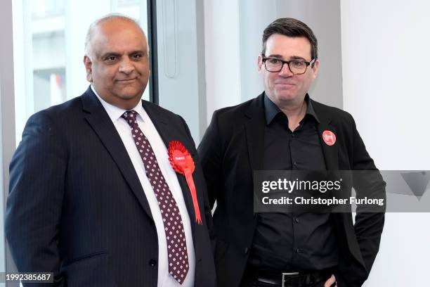 Labour candidate for Rochdale, Azhar Ali and Mayor of Manchester Andy Burnham launch Ali's by-election campaign on February 07, 2024 in Rochdale,...
