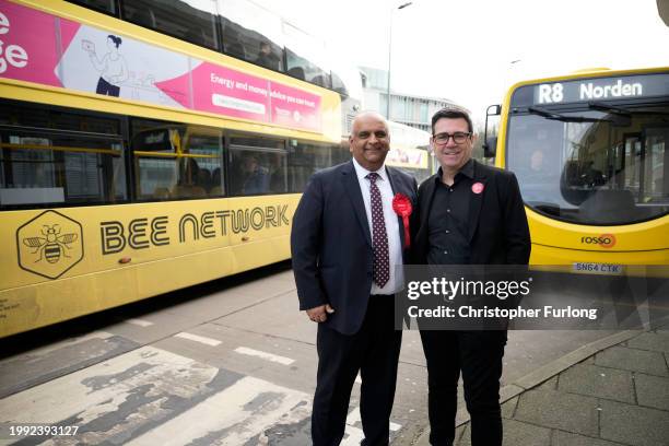 Labour candidate for Rochdale, Azhar Ali and Mayor of Manchester Andy Burnham launch Ali's by-election campaign on February 07, 2024 in Rochdale,...