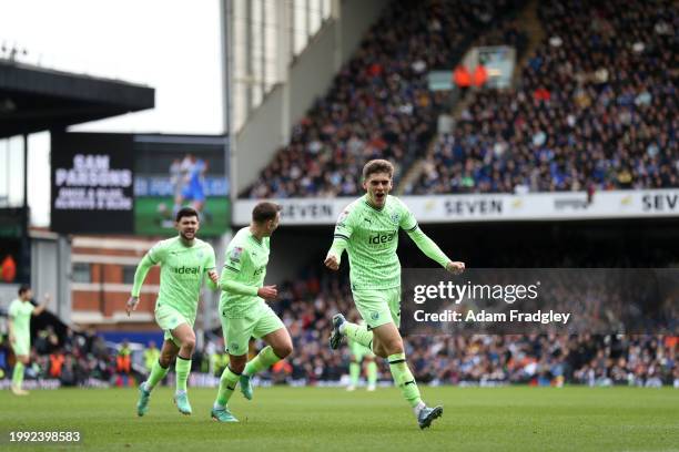 Tom Fellows of West Bromwich Albion celebrates after scoring a goal to make it 0-1 during the Sky Bet Championship match between Ipswich Town and...