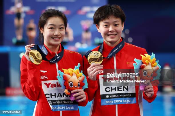 Gold Medalists, Yani Chang and Yiwen Chen of Team People's Republic of China pose with their medals during the Medal Ceremony after the Women's...
