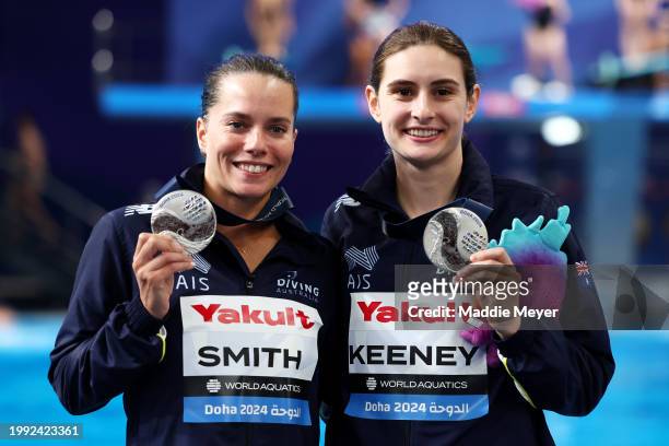 Silver Medalists, Maddison Keeney and Anabelle Smith of Team Australia pose with their medals during the Medal Ceremony after the Women's...