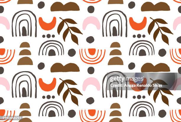 cute boho style seamless pattern with hand drawn natural objects, striped lines and plant - boho stock illustrations
