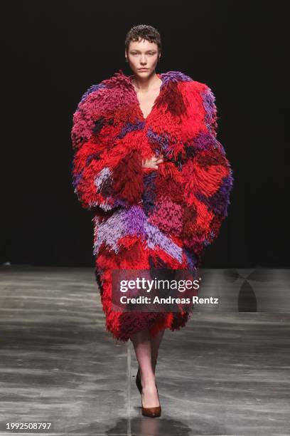Model walks the runway during the Danny Reinke Runway Show as part of the W.E4. Fashion Day during Berlin Fashion Week AW24 at Verti Music Hall on...
