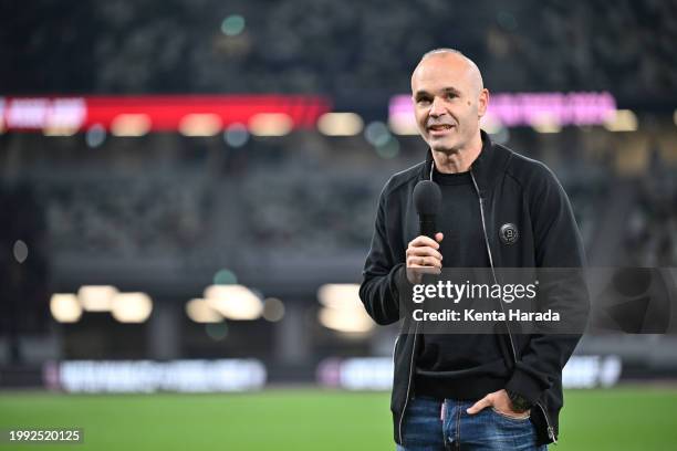 Andres Iniesta speaks to prior to the preseason friendly match between Vissel Kobe and Inter Miami at National Stadium on February 07, 2024 in Tokyo,...