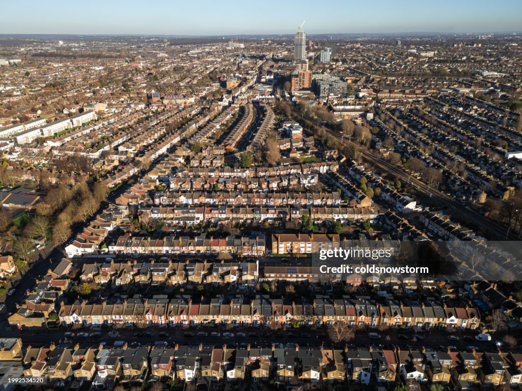 Aerial view of residential streets of Walthamstow in east London, UK