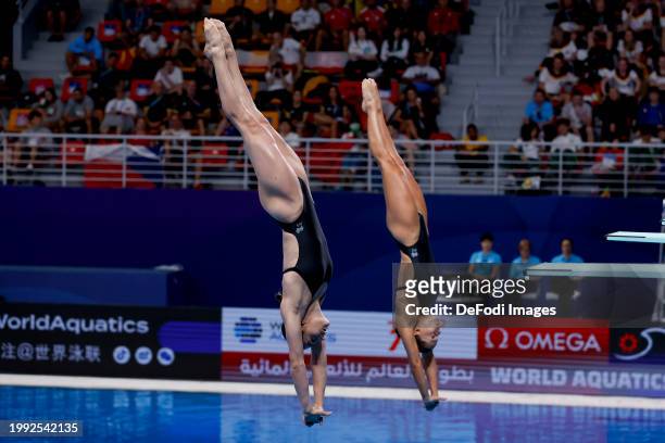 Maddison Keeney of Australia and Anabelle Smith of Australia compete in the Diving - Woman 3m Synchronized on day six of the Doha 2024 World Aquatics...