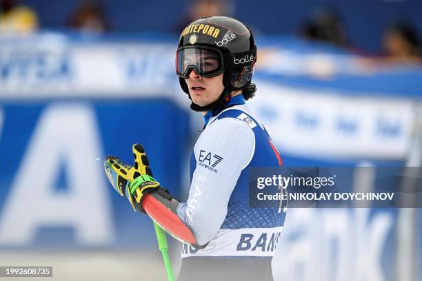 Italy's Filippo Della Vite reacts after he competes in the Men's Giant Slalom event during the FIS Alpine Ski World Cup in Bansko, on February 10,...