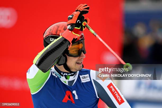 Slovenia's Zan Kranjec reacts after he competes in the Men's Giant Slalom event during the FIS Alpine Ski World Cup in Bansko, on February 10, 2024.