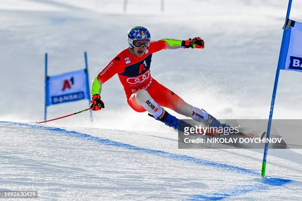 Switzerland's Marco Odermatt competes in the first run of the Men's Giant Slalom event during the FIS Alpine Ski World Cup in Bansko, on February 10,...