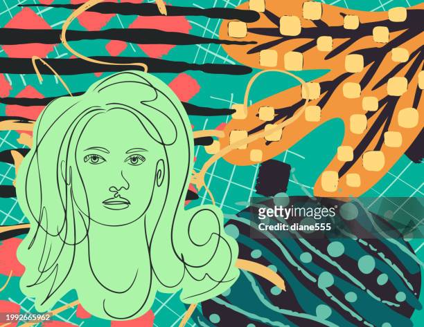 ilustraciones, imágenes clip art, dibujos animados e iconos de stock de dibujo lineal de una mujer sobre un fondo abstracto - 40 44 años