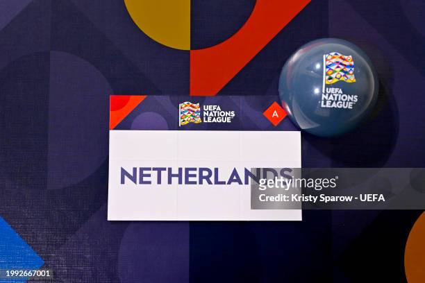 Detailed view of the card of Netherlands ahead of the UEFA Nations League 2024/25 League Phase Draw at Maison de la Mutualité on February 07, 2024 in...