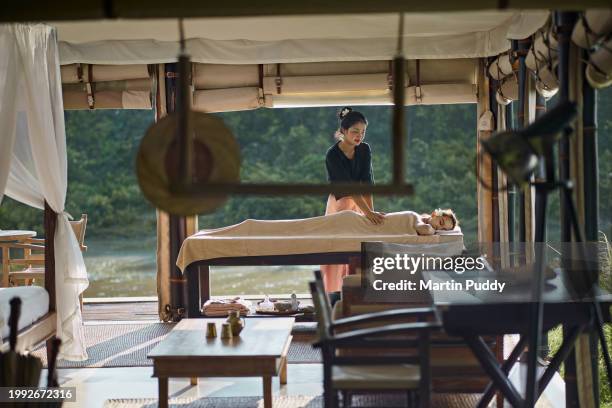 female guest having a massage inside tented villa, at eco friendly luxury glamping resort, situated in front of lagoon and lush tropical foliage - esclusivo foto e immagini stock