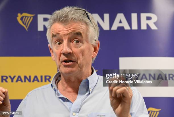 Ryanair Group CEO Michael O'Leary gestures while making a point during a press conference on the future of the company's operations in the Portuguese...