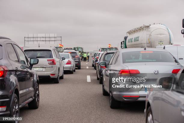 Traffic jam on the E-5 highway, at kilometer 94 as a result of the concentration of tractors, on the second day of protests, February 7, 2024 in...