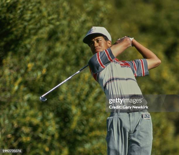 Year old Tiger Woods from the United States follows his iron shot off the fairway during the Nissan Los Angeles Open golf tournament on 27th February...