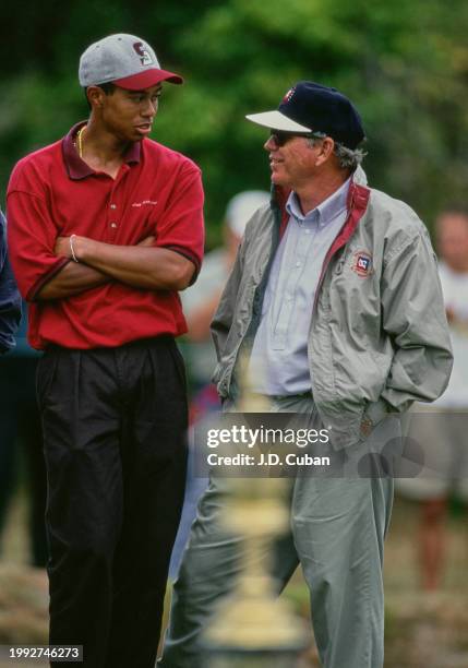 Tiger Woods from the United States in conversation with golf coach Butch Harmon during the United States Amateur Championship golf tournament on 27th...