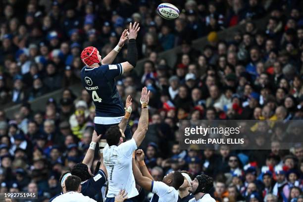 Scotland's lock Grant Gilchrist wins line-out ball during the Six Nations international rugby union match between Scotland and France at Murrayfield...