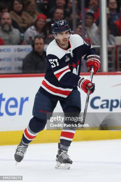 Trevor van Riemsdyk of the Washington Capitals passes against the Montreal Canadiens during the second period at Capital One Arena on February 06,...