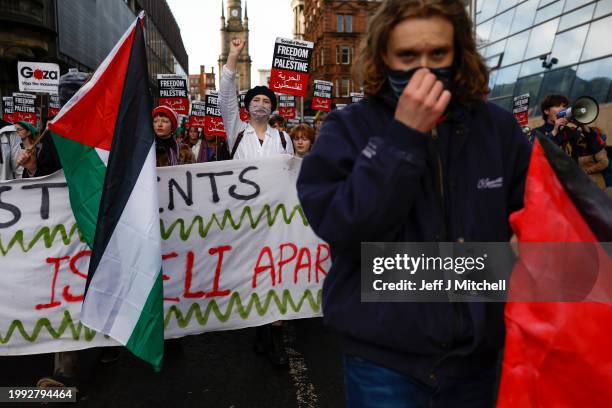 Glasgow University Students march into George Square during a UK wide day of Action for Palestine on February 07, 2024 in Glasgow, Scotland. Led by...