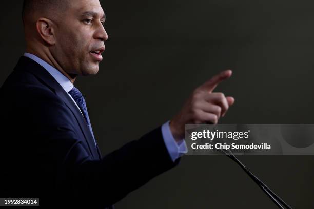 House Minority Leader Hakeem Jeffries talks to reporters during a news conference at the U.S. Capitol Visitors Center, one day after House...