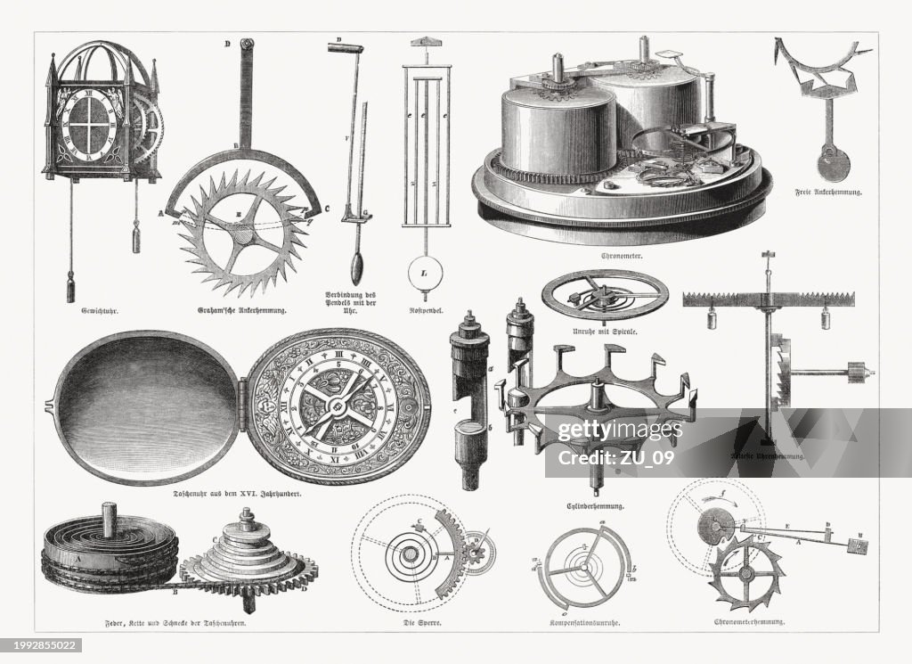 Historical Clocks And Various Clock Elements Wood Engravings Published ...