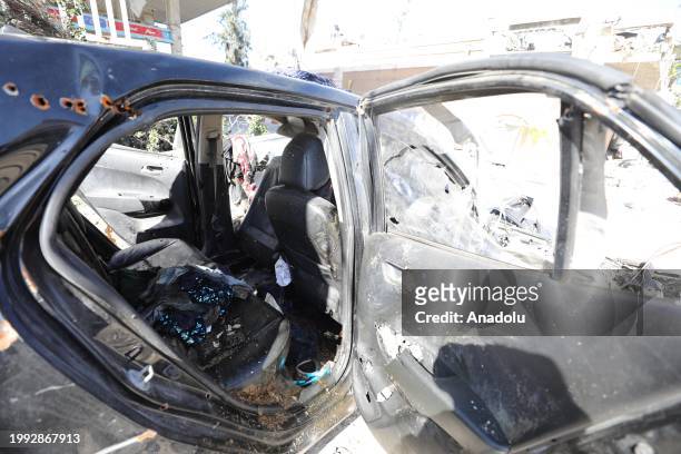 General view of the damaged car in which 6-year-old Hind Rajab and five members of her family died, whom Israeli forces targeted 12 days ago in Tel...