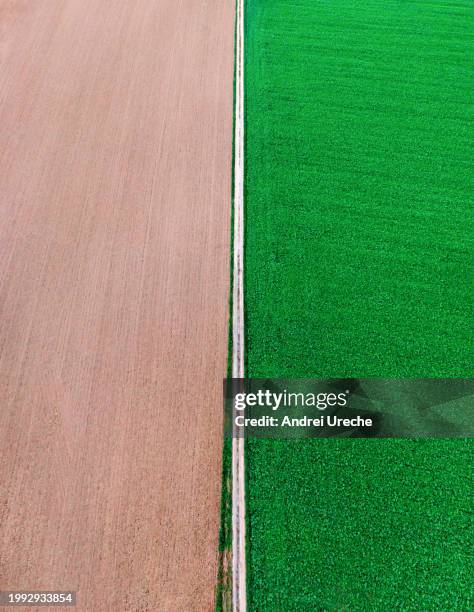 drone vertical panorama with agricultural fields and countryside road - stuttgart village stock pictures, royalty-free photos & images