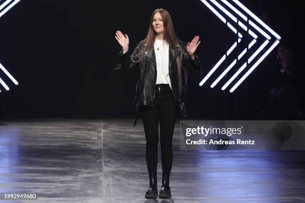 Designer Rebekka Ruetz comes out on the runway to greet the audience after the Rebekka Ruetz Runway Show as part of the W.E4. Fashion Day during...