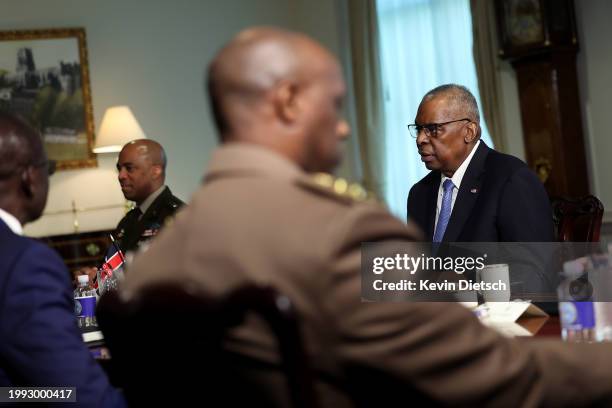 Defense Secretary Lloyd Austin meets with Kenyan Defense Minister Aden Duale at the Pentagon on February 07, 2024 in Arlington, Virginia. The two...