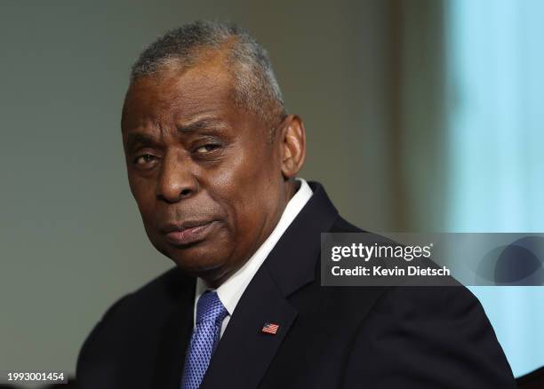 Defense Secretary Lloyd Austin delivers remarks during a meeting with Kenyan Defense Minister Aden Duale at the Pentagon on February 07, 2024 in...