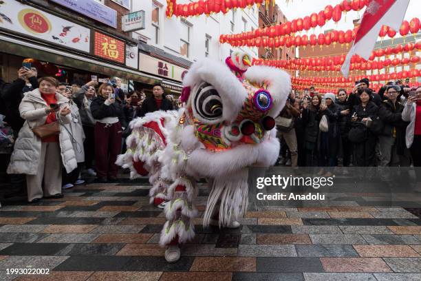 Dancers in traditional Lion costumes perform among the crowds in Chinatown in celebration of the arrival of the Year of the Dragon in London, United...