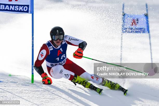 Austria's Raphael Haaser competes in the first run of the Men's Giant Slalom event during the FIS Alpine Ski World Cup in Bansko, on February 10,...