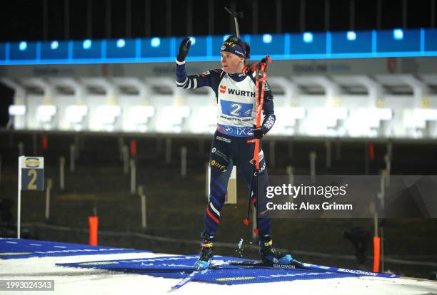 Julia Simon of Team France acknowledges the crowd from the shooting area during the Mixed Relay of the IBU World Championships Biathlon Nove Mesto na...