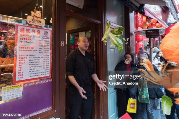 Chinese lion spits the lettuce back out at the business owner, which symbolizes blessing him with wealth and prosperity in celebration of the arrival...