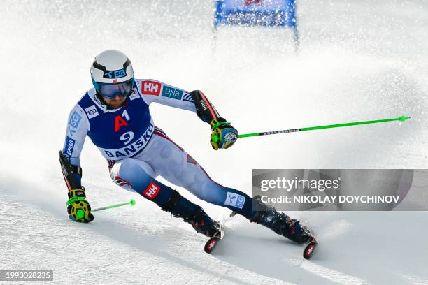 Norway's Rasmus Windingstad competes in the first run of the Men's Giant Slalom event during the FIS Alpine Ski World Cup in Bansko, on February 10,...