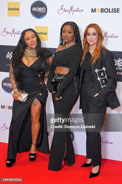 Mutya Buena, Keisha Buchanan and Siobhán Donaghy of the Sugababes attend the MOBO Awards 2024 at Utilita Arena Sheffield on February 07, 2024 in...