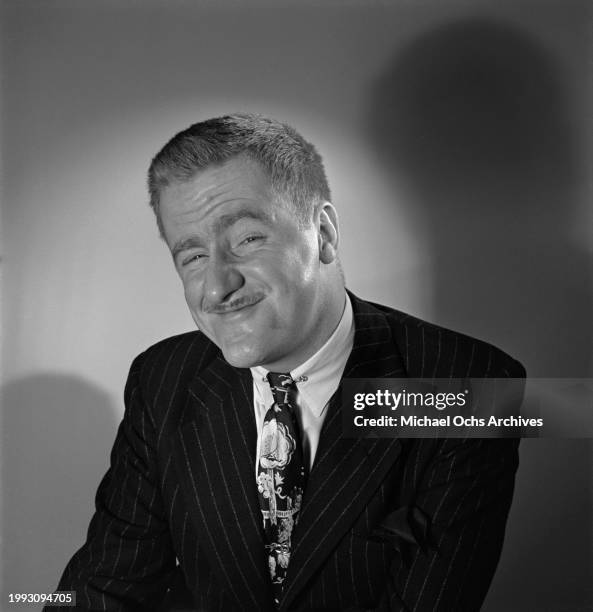 British actor and comedian Peter Donald wearing a pinstripe jacket over a shirt and tie, and pulling a humorous facial expression, in a studio...