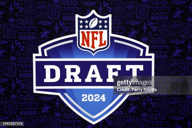 Detail view of the NFL Draft 2024 logo at Super Bowl LVIII Radio Row at Mandalay Bay on February 6, 2024 in Las Vegas, NV.