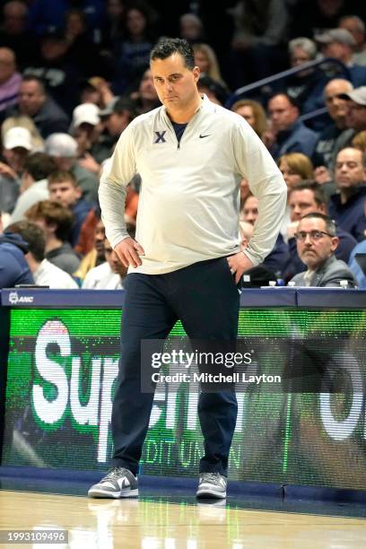 Head coach Sean Miller of the Xavier Musketeers looks on during a college basketball game against the "s at the Cintas Center on January 31, 2024 in...