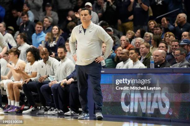 Head coach Sean Miller of the Xavier Musketeers looks on during a college basketball game against the "s at the Cintas Center on January 31, 2024 in...